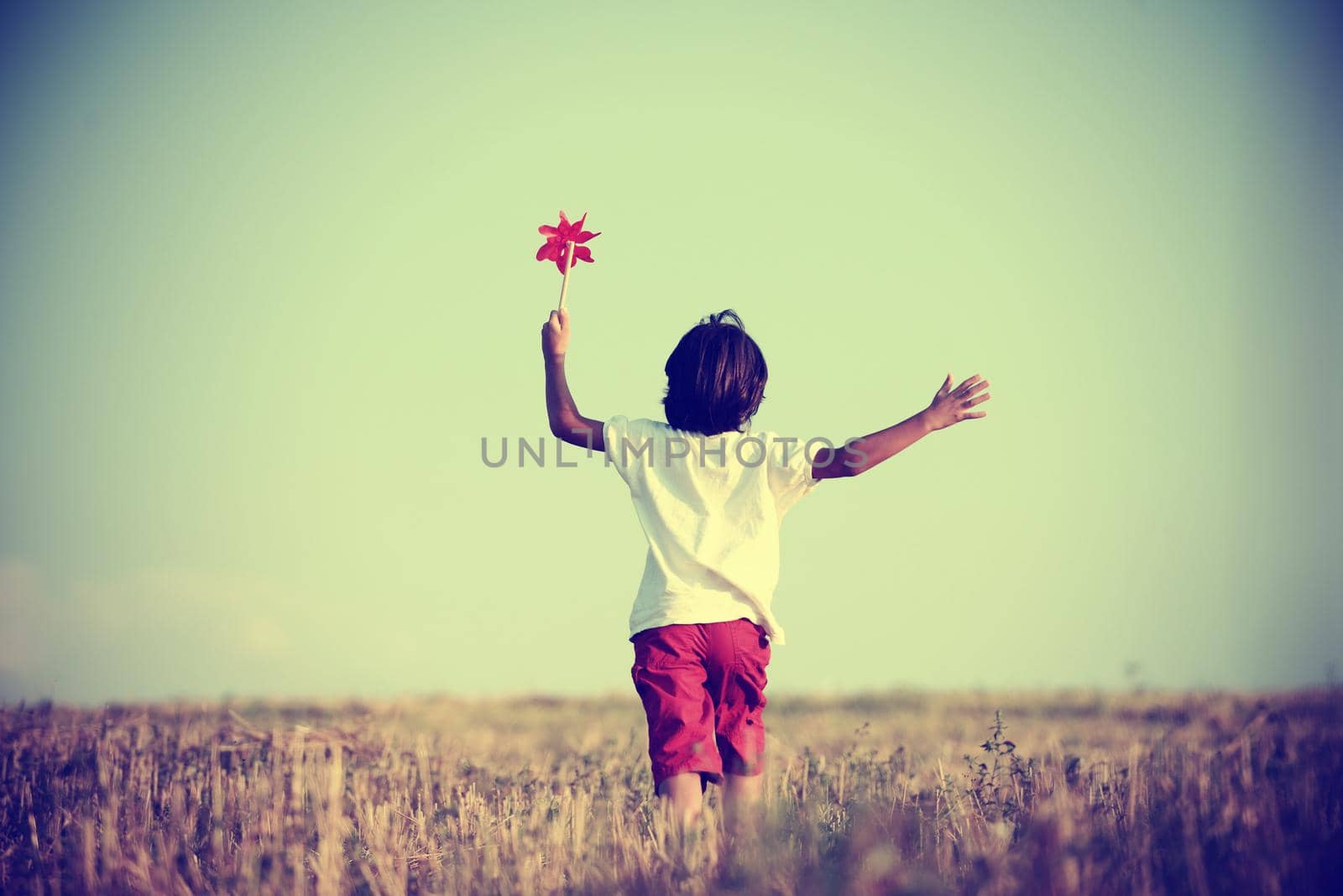 Kid standing in the nature with large copy space