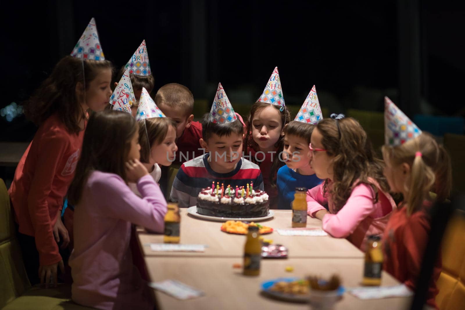 The young boy joyfully celebrating his birthday with a group of his friends