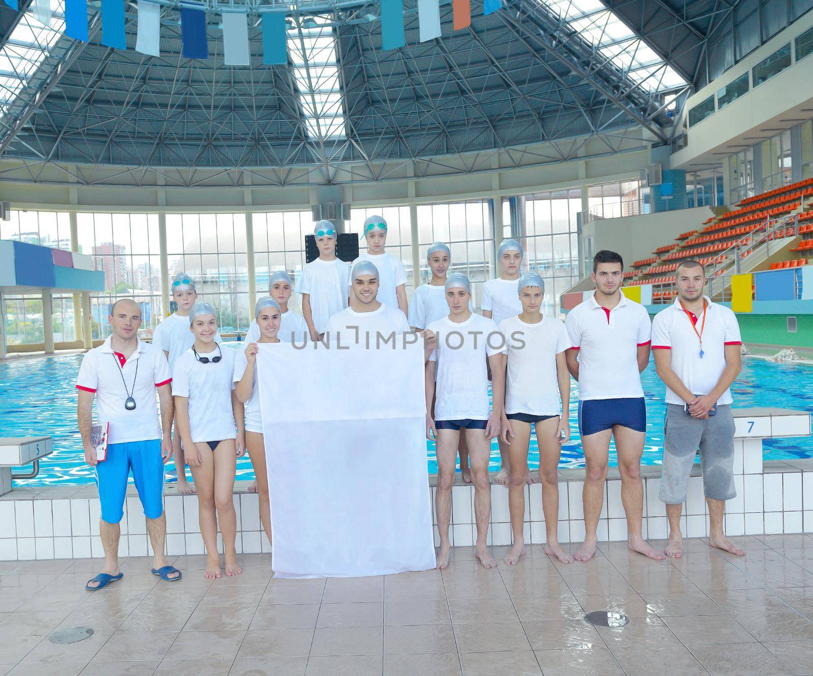 children group  at swimming pool with empty white flag by dotshock