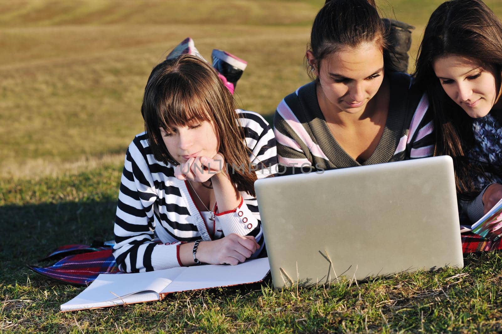 group of teens working on laptop outdoor by dotshock