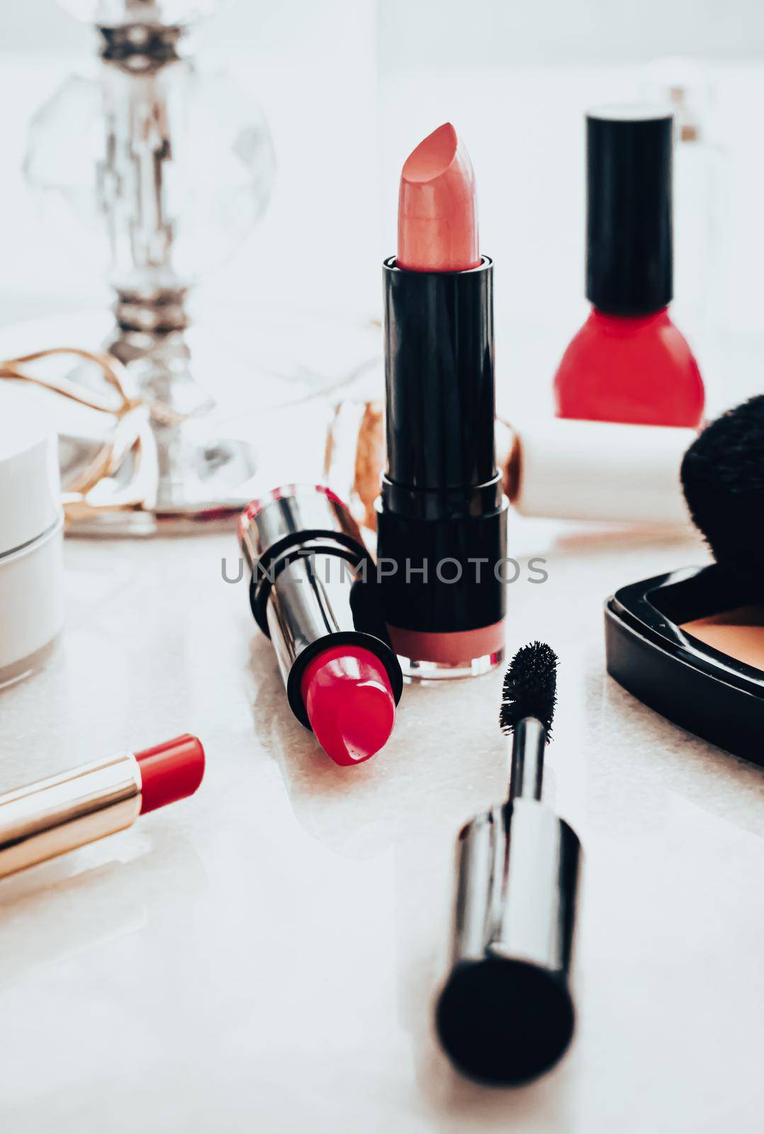 Beauty products and decorative cosmetics concept. Modern luxury make-up on vanity table as beauty blog background by Anneleven