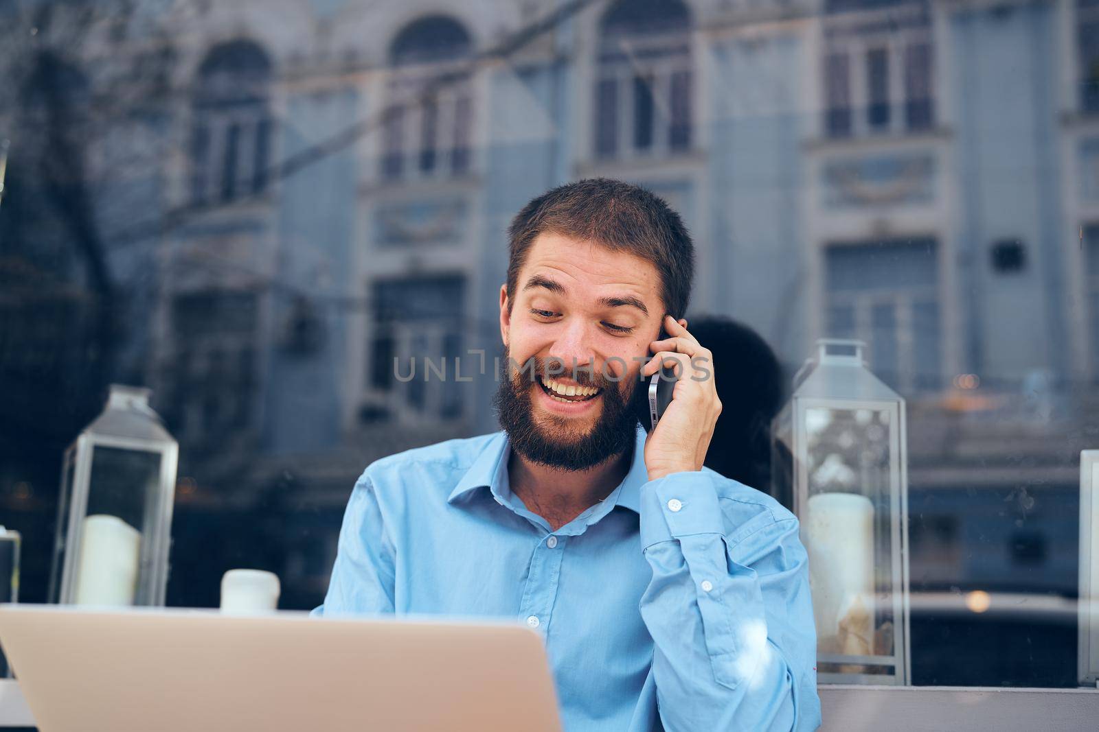 manager with laptop outdoors work internet communication. High quality photo