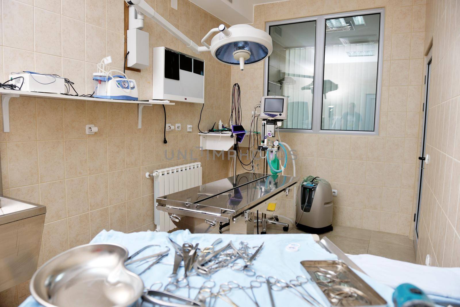 animal and pet surgery hospital room indoor with tools and instruments