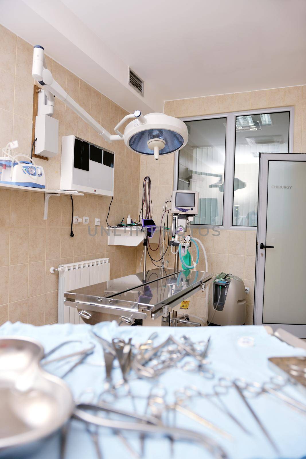 animal and pet surgery hospital room indoor with tools and instruments