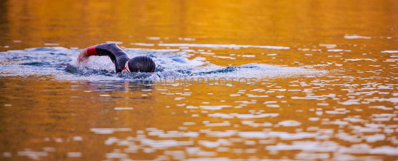 triathlon athlete swimming on beautiful morning sunrise training in lake wearing wetsuit concept of strength and endurance