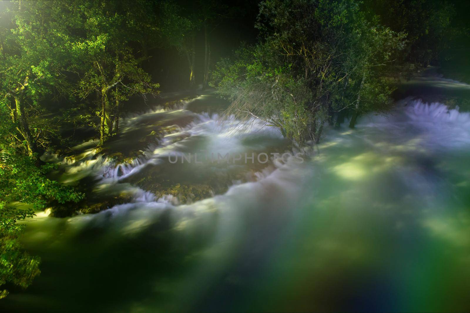 waterfalls in dark night beautiful nature with crystal clear water on wild river una in bosnia and herzegovina