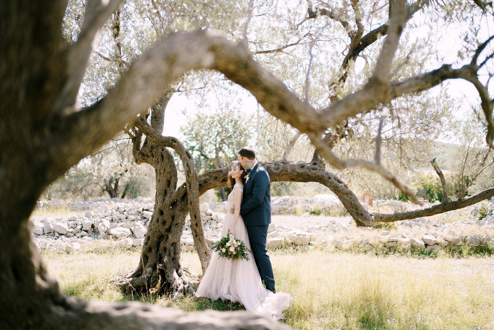 Groom hugs bride with a bouquet near a tree in a grove. High quality photo