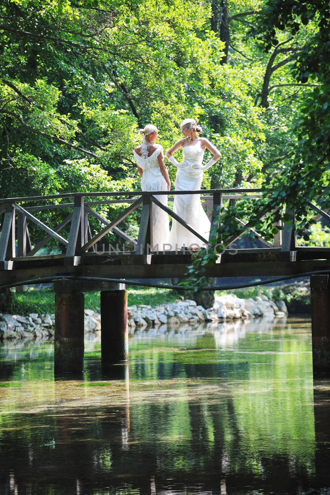 beautiful bride woman people in fashion wedding dress posing outdoor in bright park