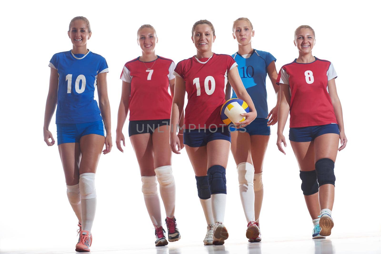 volleyball game sport with group of young beautiful  girls indoor in sport arena ball net