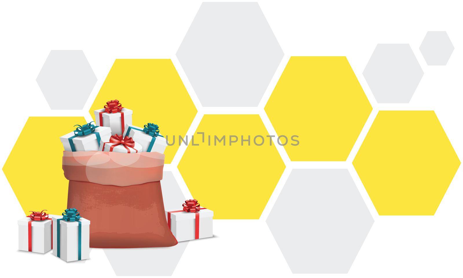 bag full of gifts on abstract hexagon background by aanavcreationsplus