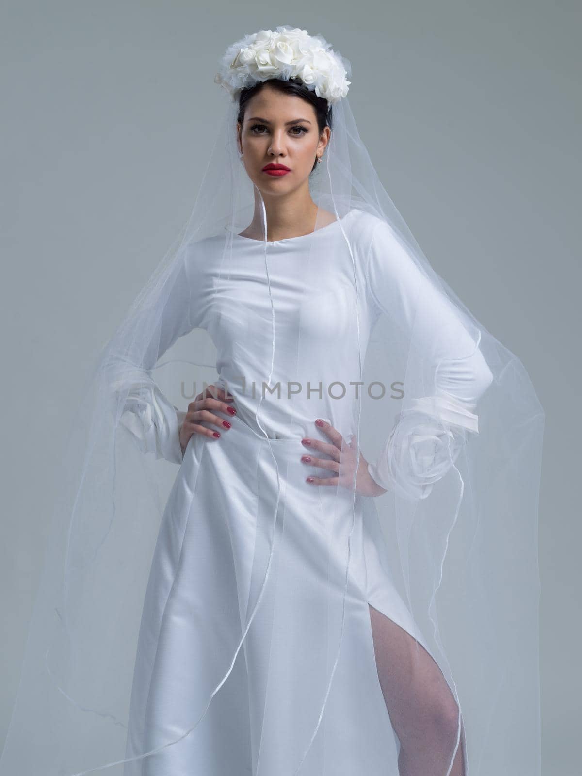 Portrait of beautiful young bride in a wedding dress with a veil isolated on a white background