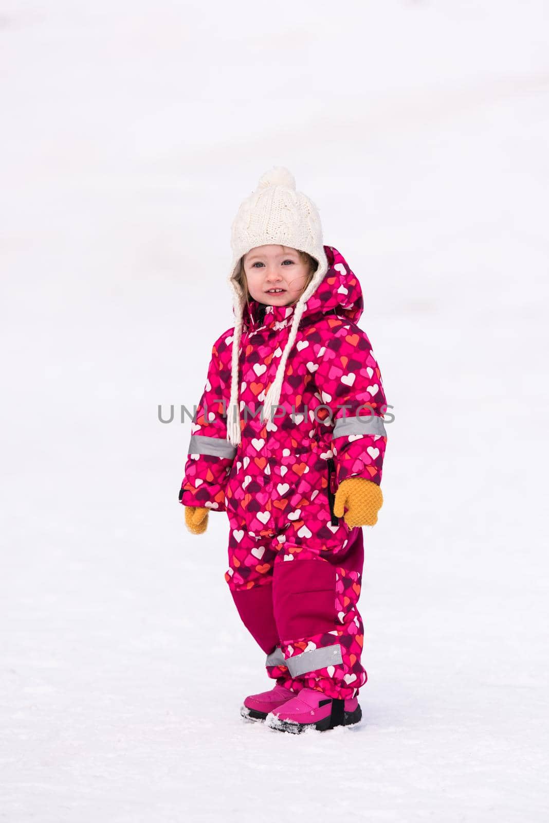 little girl having fun at snowy winter day by dotshock