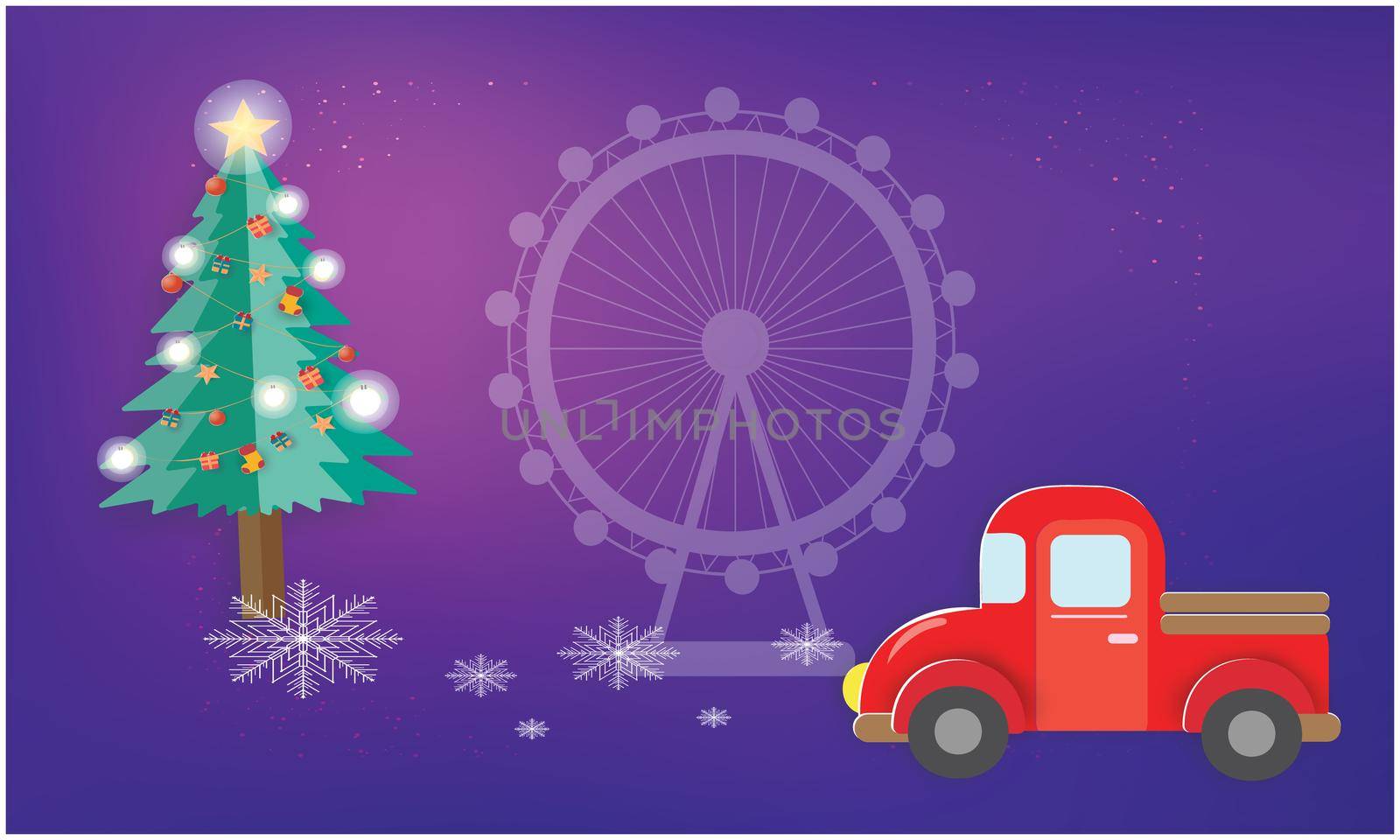Christmas objects with a red car and beautiful tree on abstract background by aanavcreationsplus