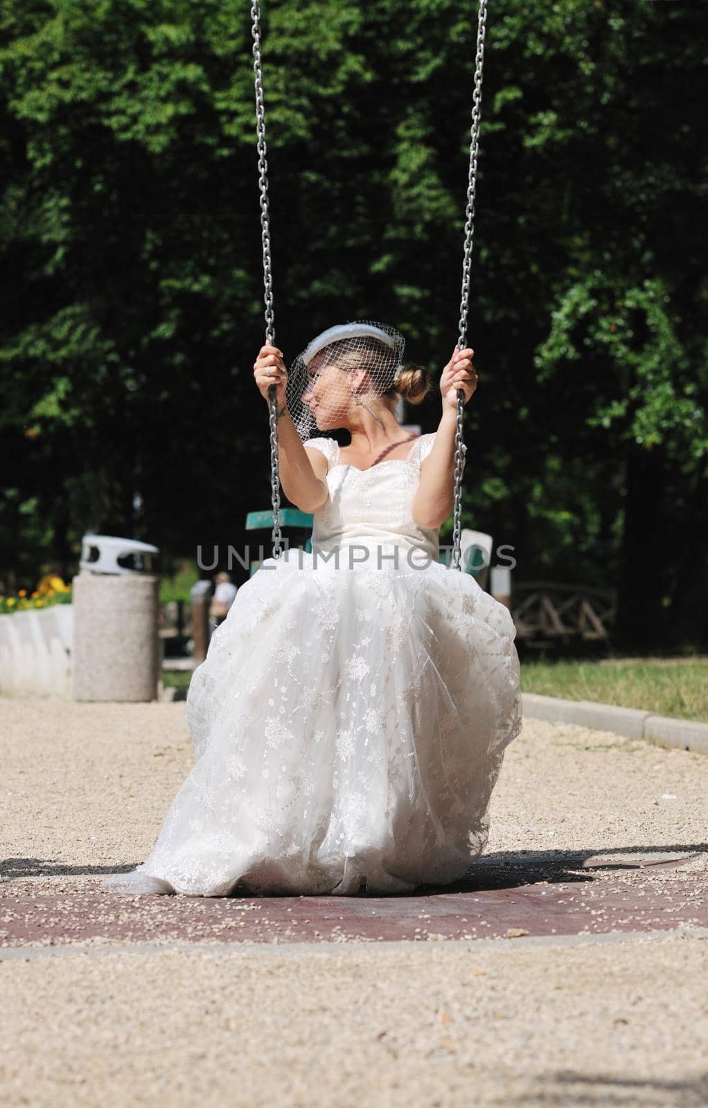 beautiful bride woman people in fashion wedding dress posing outdoor in bright park at morning