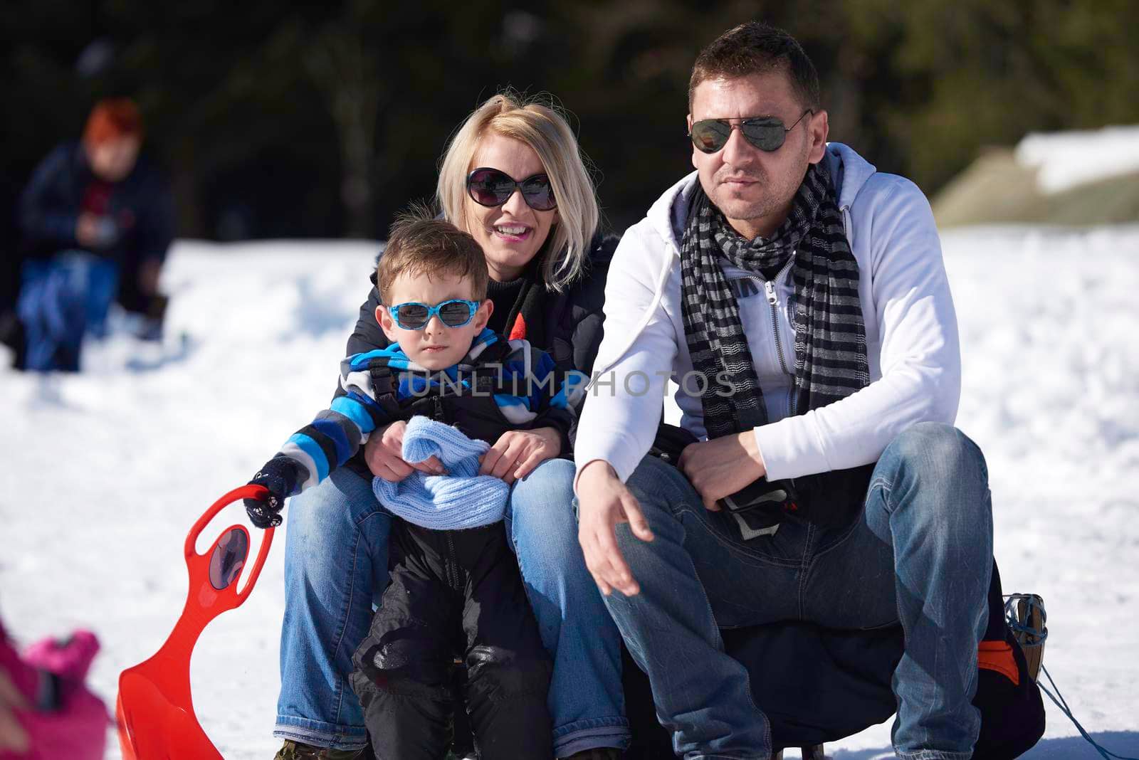 portrait of happy young family sitting on slides at beautiful winter day