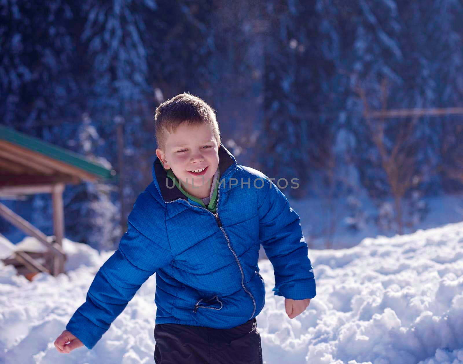 happy kids playing in fresh snow at beautiful  sunny winter day