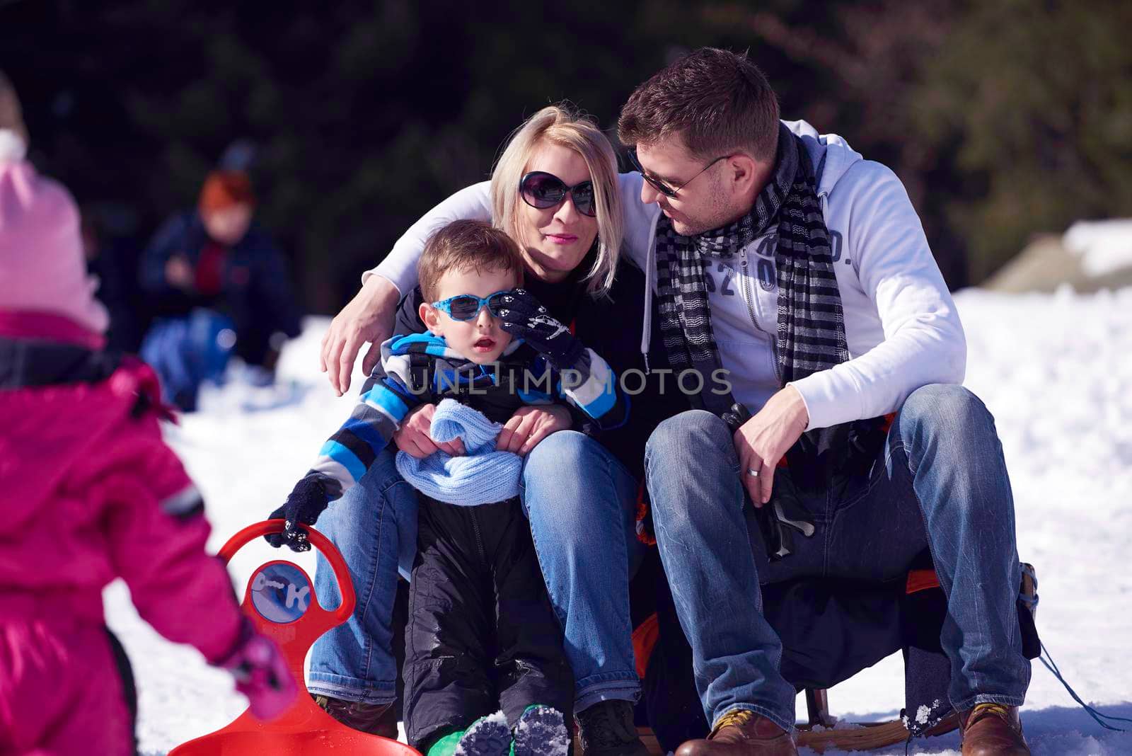 portrait of happy young family sitting on slides at beautiful winter day