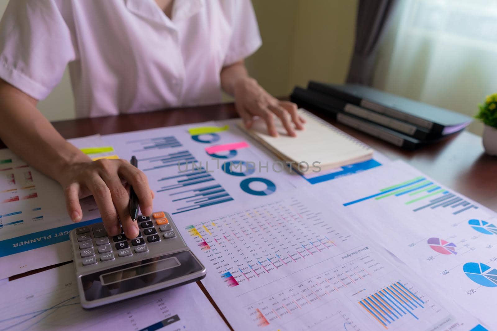 An accountant or businesswoman is calculating statistical graphs about Finance, Company Accounts, Taxes, Income, or Loss.