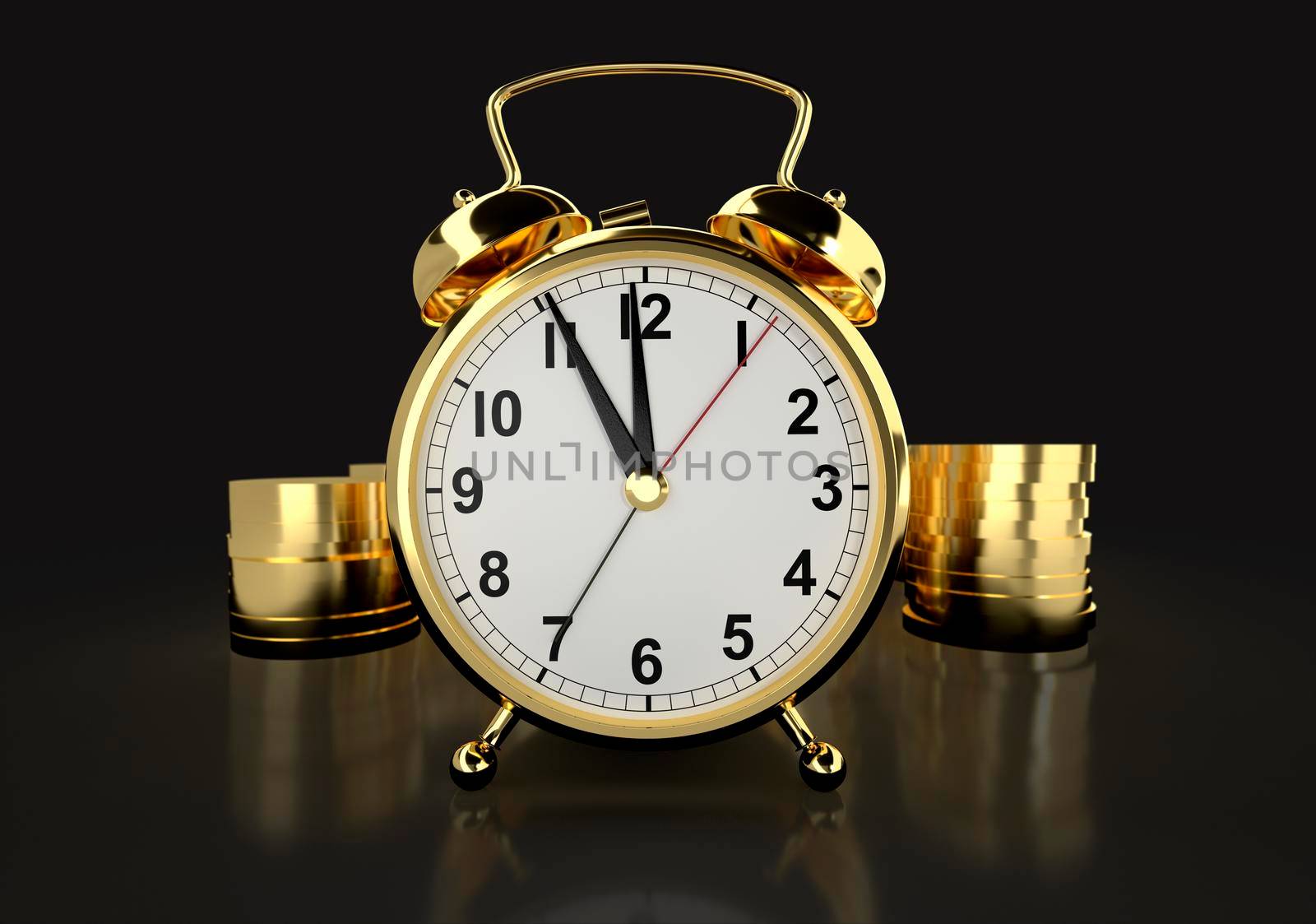 Time is money concept. Alarm clock and golden coins against black background. 3D rendering