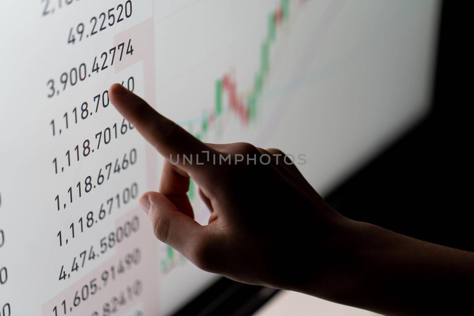 Crypto trader investor analyst looking at computer screen analyzing financial graph data on pc monitor, thinking of online stock exchange market .