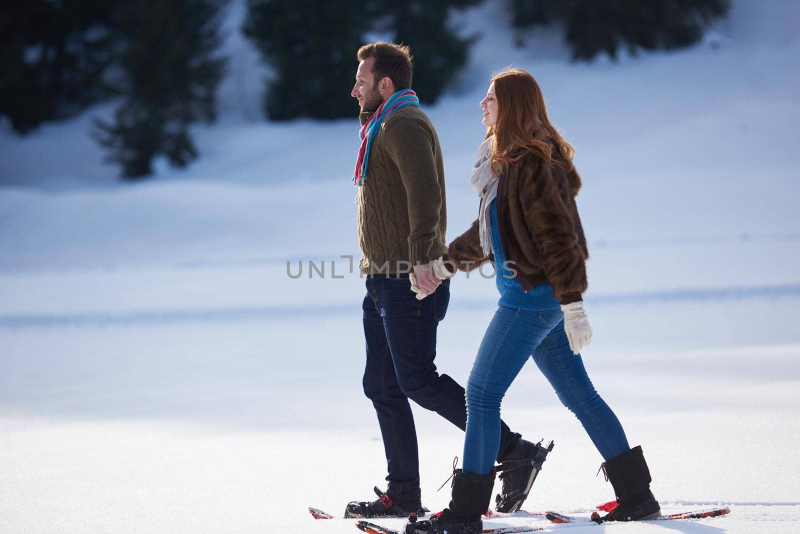 happy young  couple having fun and walking in snow shoes. Romantic winter relaxation scene