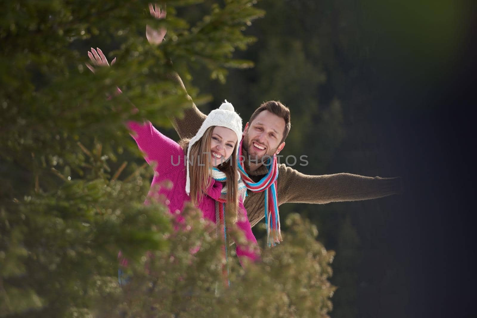 portrait of happy young romantic tourist  couple outdoor in nature at winter vacation