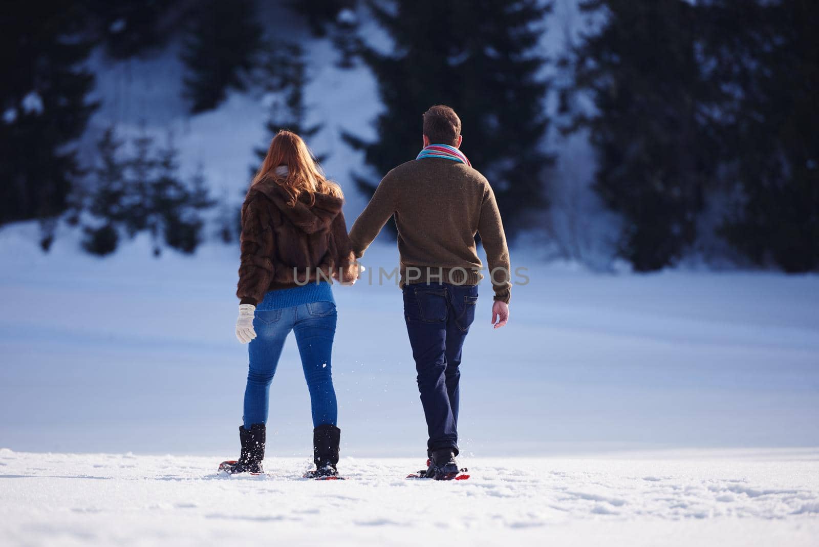 happy young  couple having fun and walking in snow shoes. Romantic winter relaxation scene