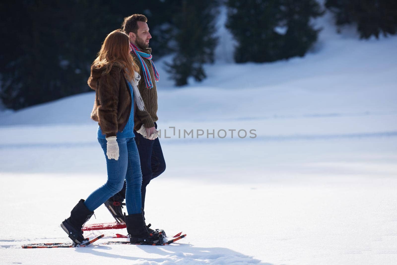 happy young  couple having fun and walking in snow shoes. Romantic winter relaxation scene