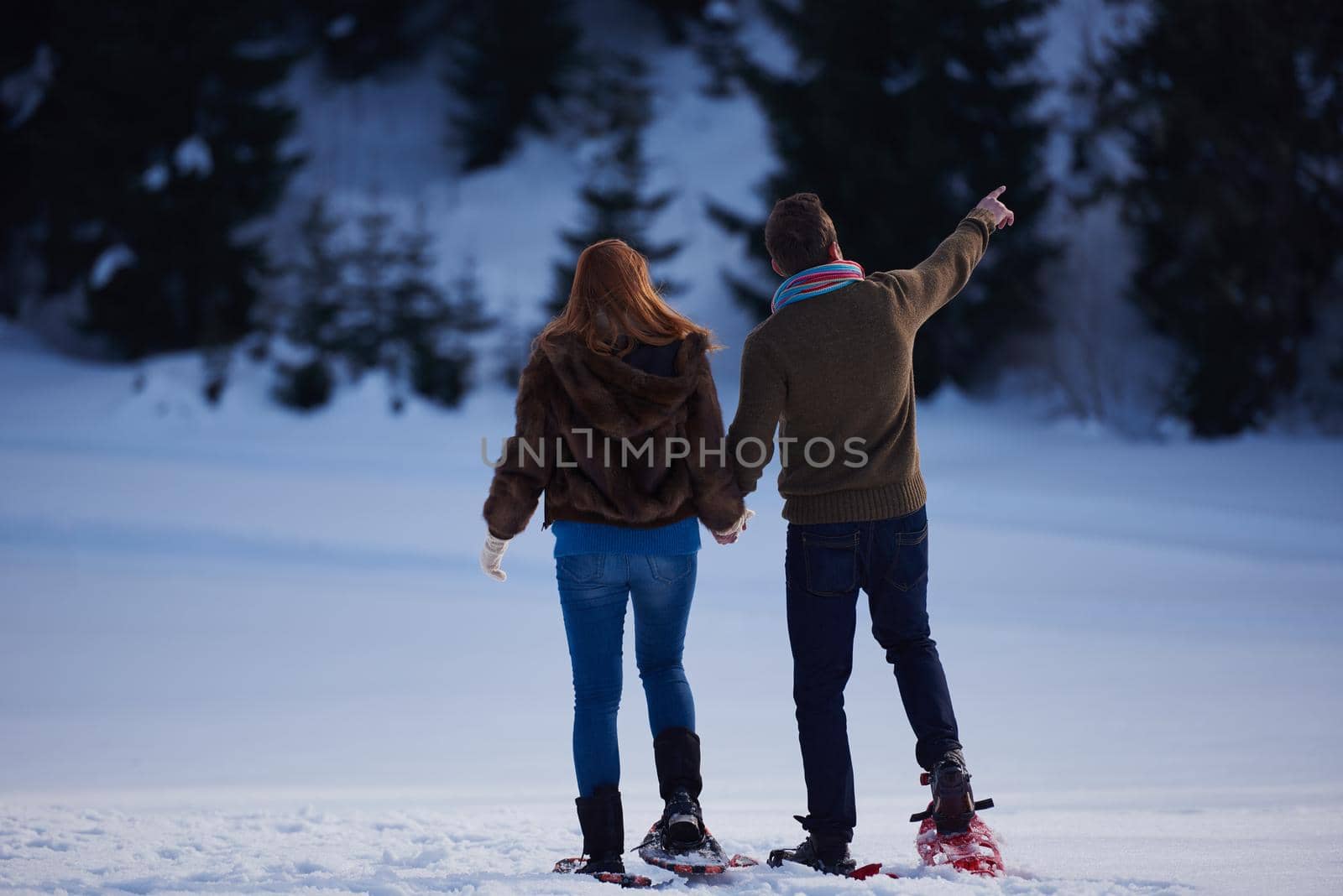 happy young  couple having fun and walking in snow shoes. Romantic winter relaxation scene