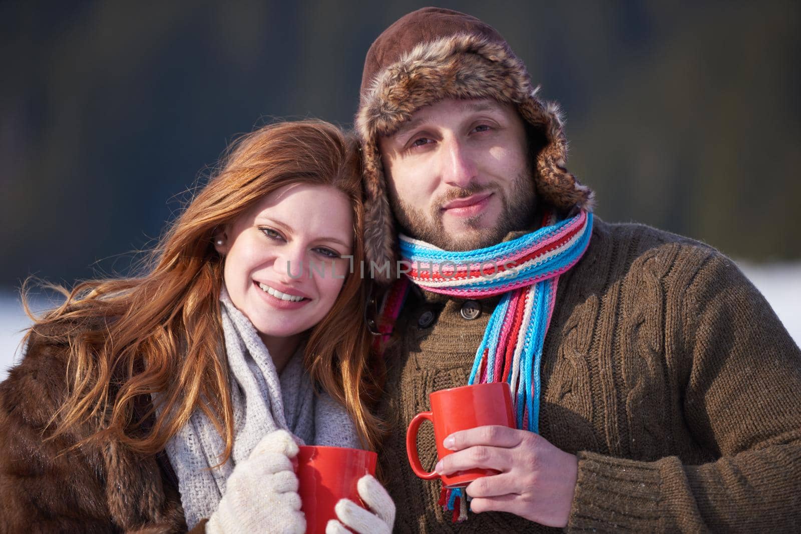 couple drink warm tea at winter by dotshock