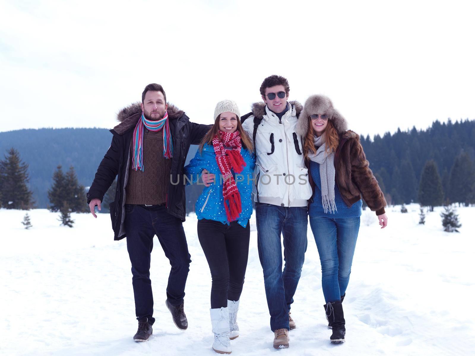 group of friends have fun and relaxing on winter vacation on beautiful sunny day with fresh snow