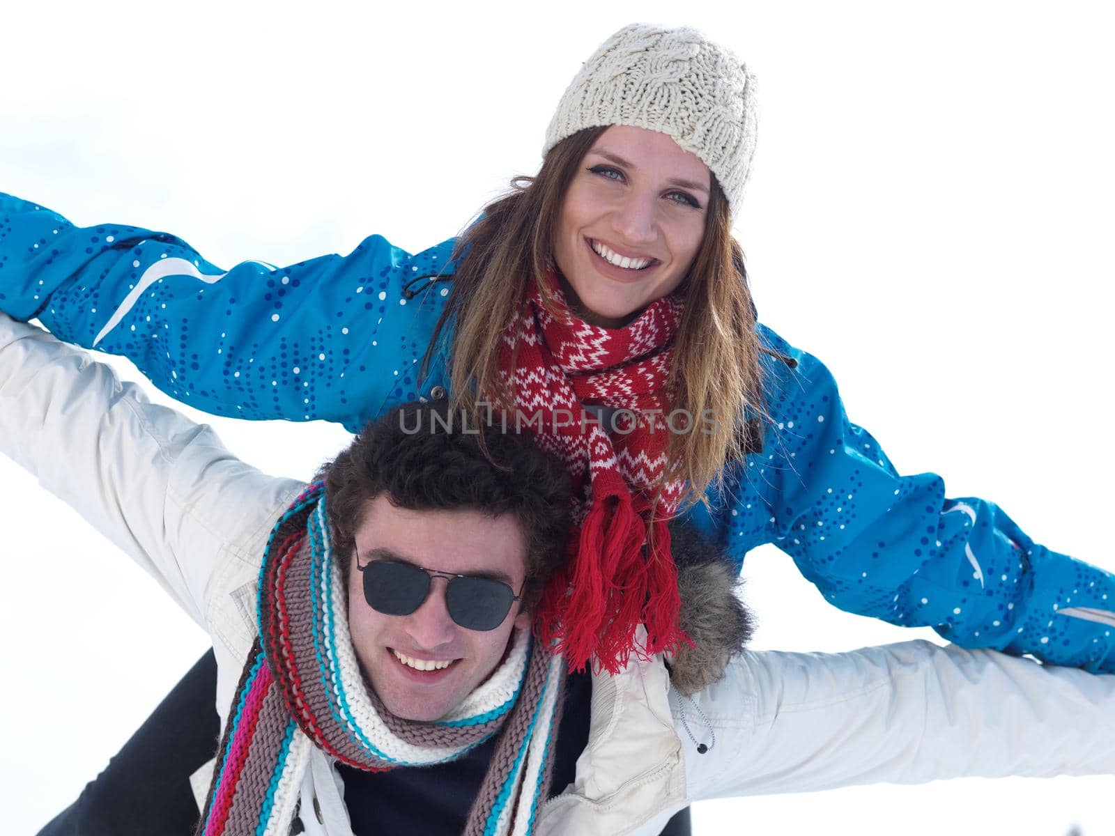 portrait of happy young romantic tourist  couple outdoor in nature at winter vacation