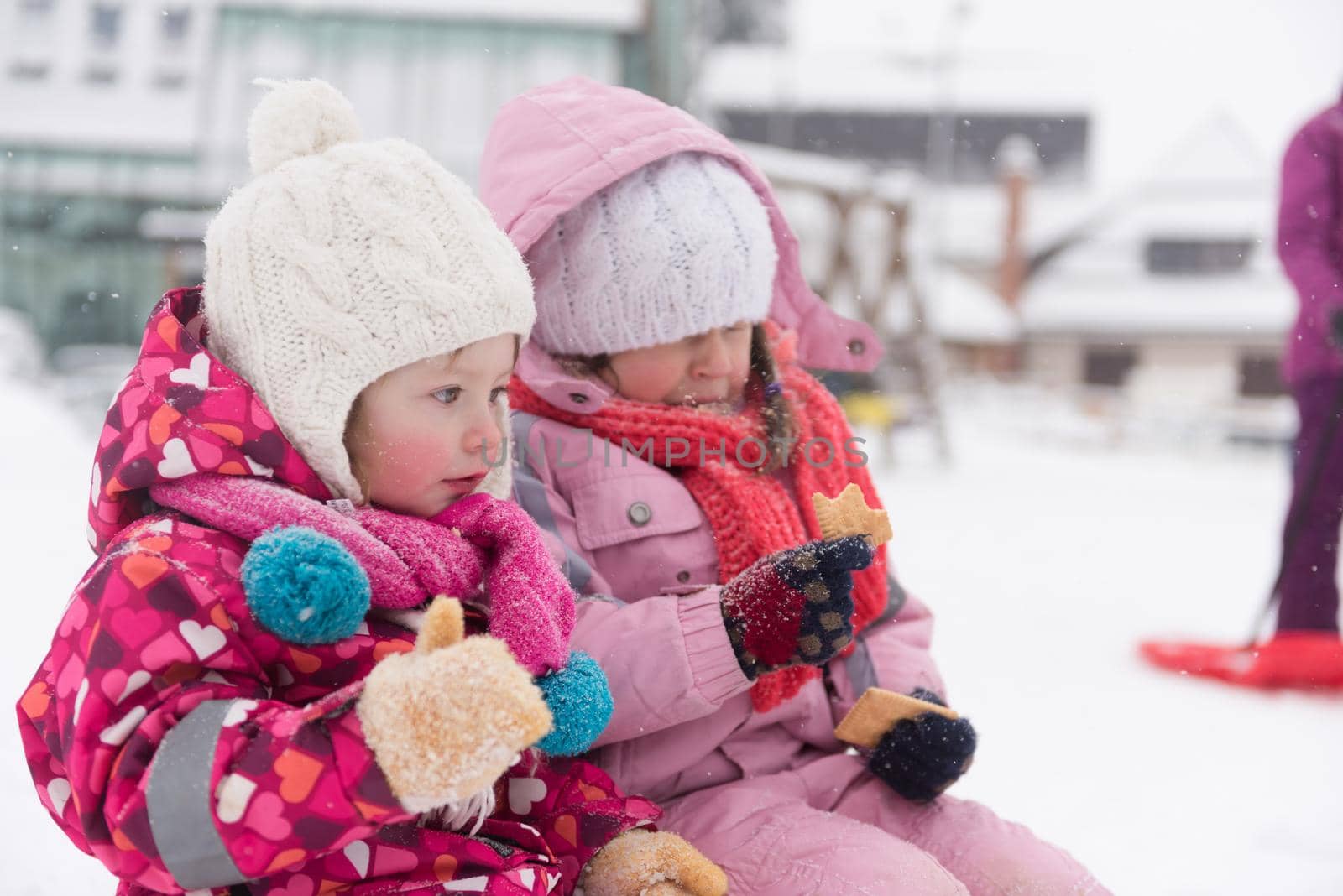 portrait of two cute little grils sitting together on sledges outdoors at snowy winter day, eating tasty cookies on break