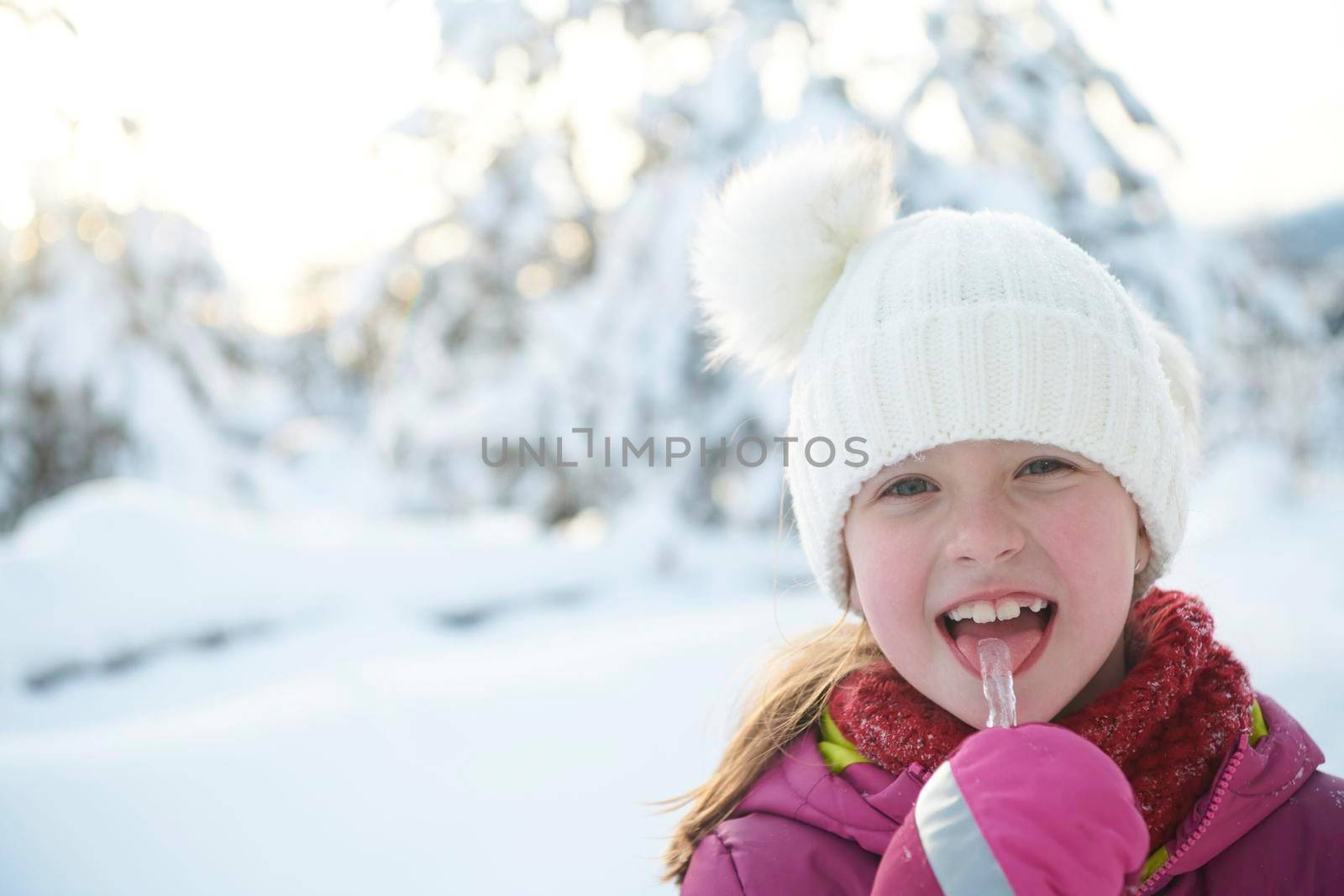 cute little girl  while eating icicle  on beautiful winter day by dotshock