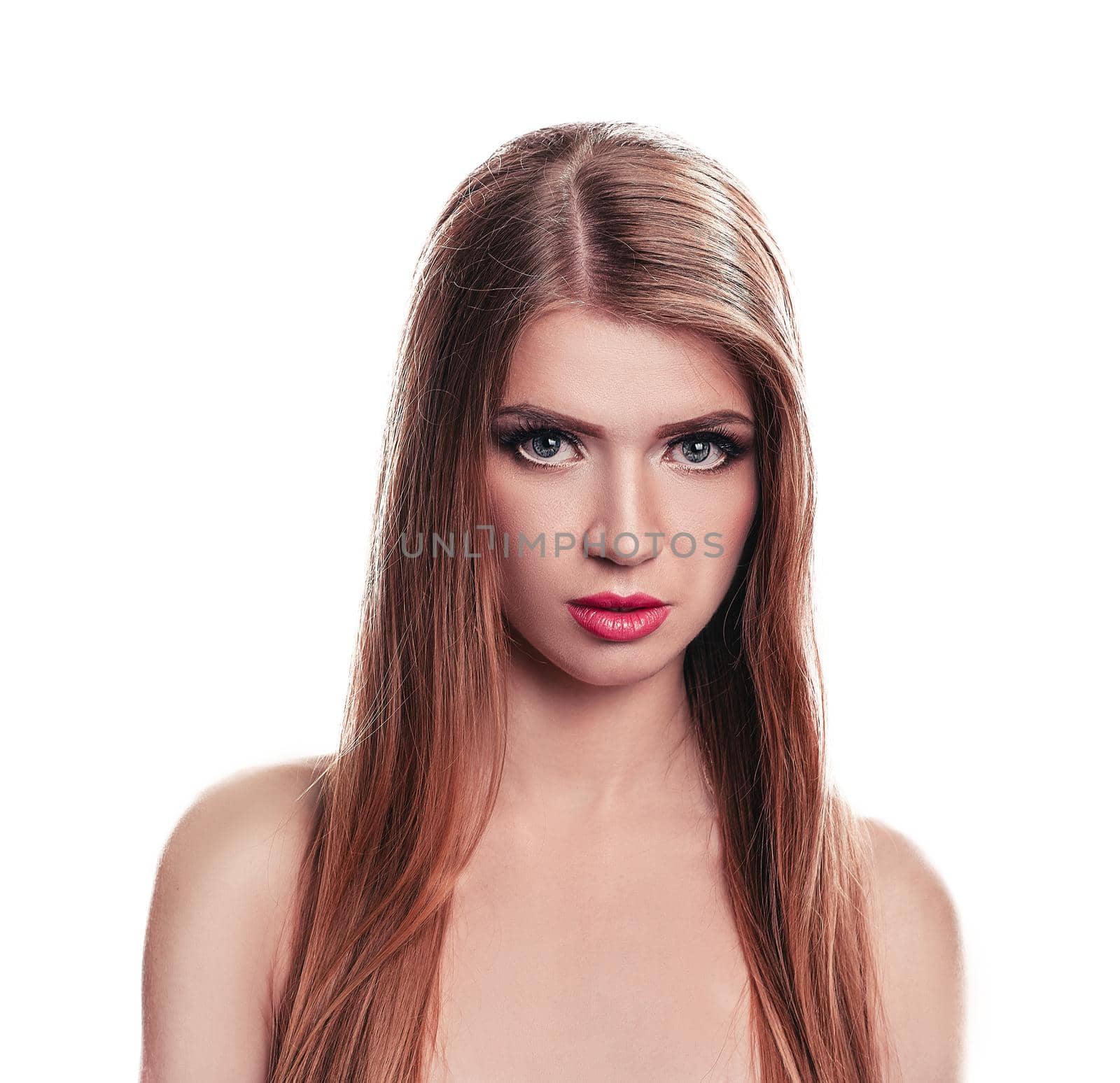 beautiful girl with long blonde hair. isolated on white background