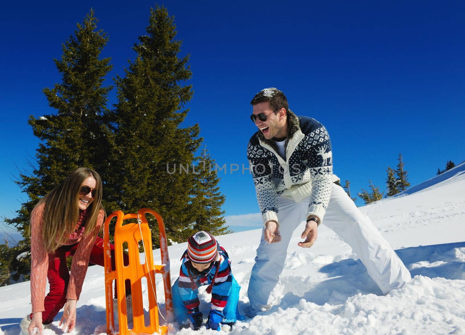 family having fun on fresh snow at winter by dotshock