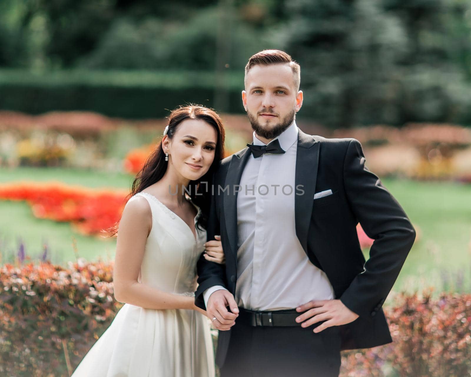 portrait of happy bride and groom on their wedding day. photo with copy space