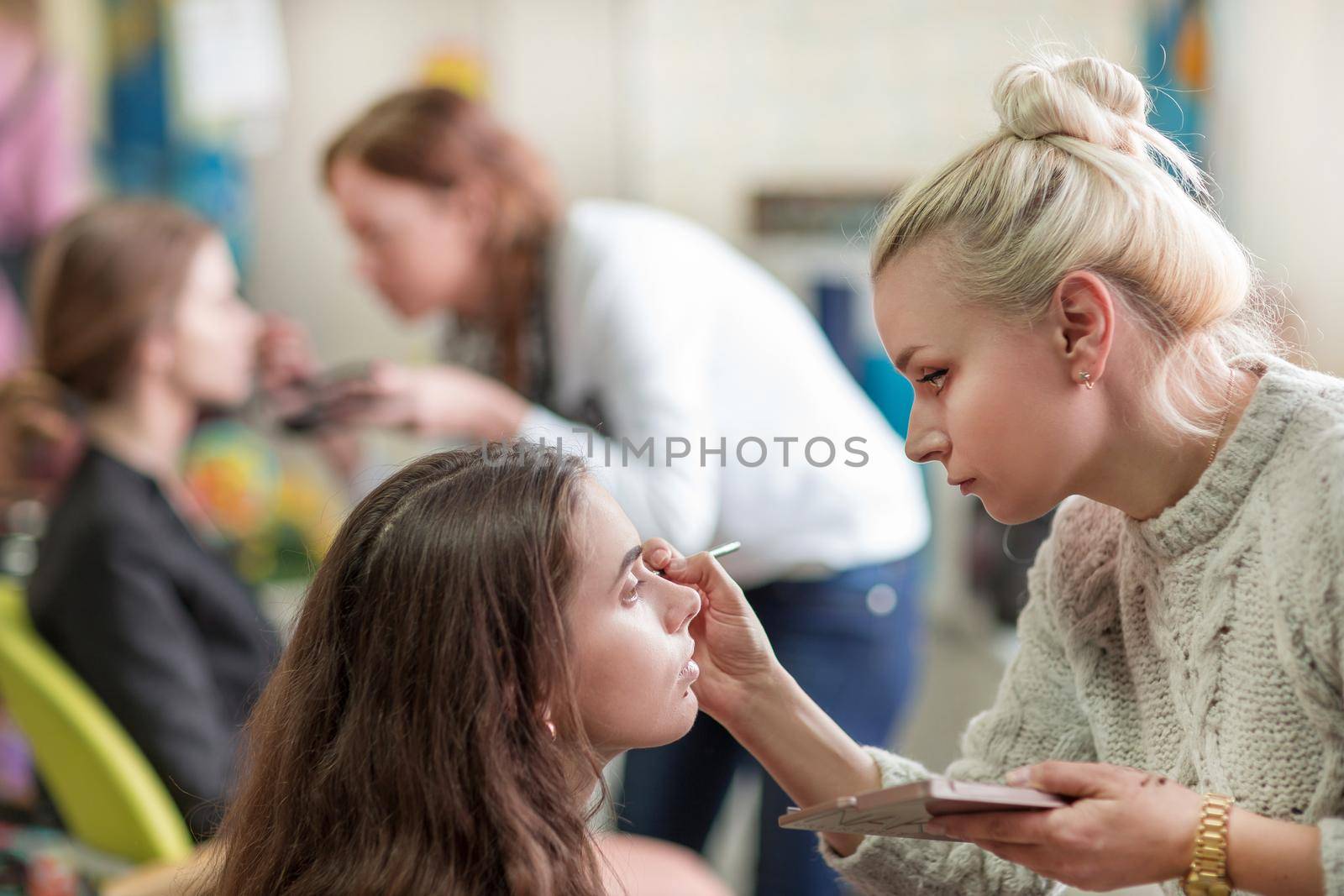professional makeup artist does make-up for a client in a beauty salon. the concept of lifestyle