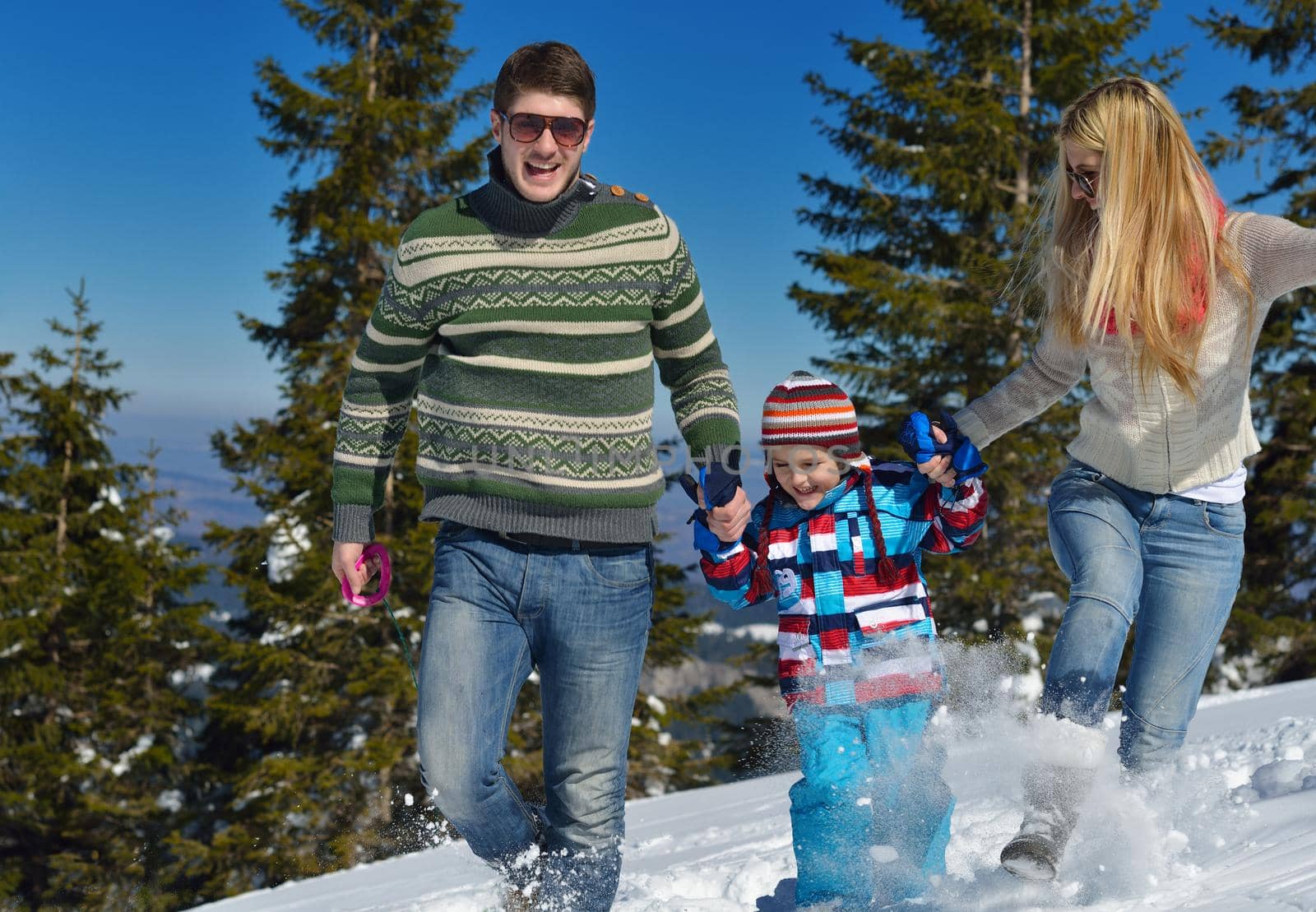 family having fun on fresh snow at winter by dotshock
