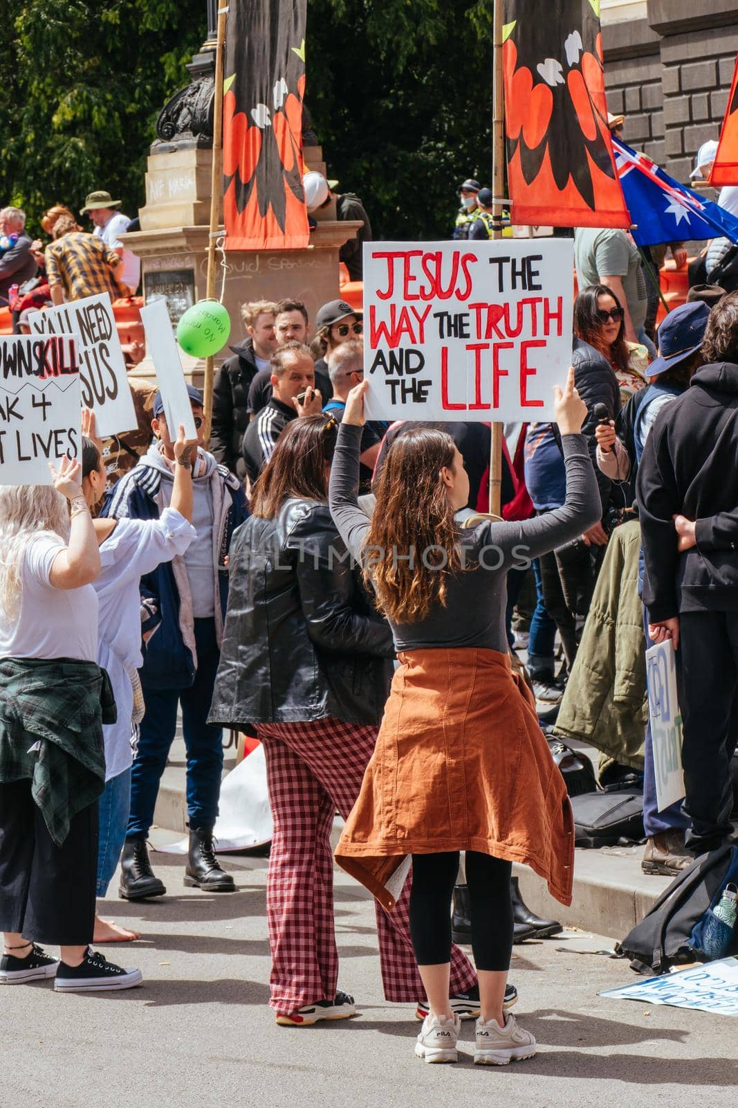 Melbourne, Australia - November 20, 2021: Protesters opposing the Pandemic Legislation being tabled in the Victorian Parliament on November 20, 2021 in Melbourne, Australia.