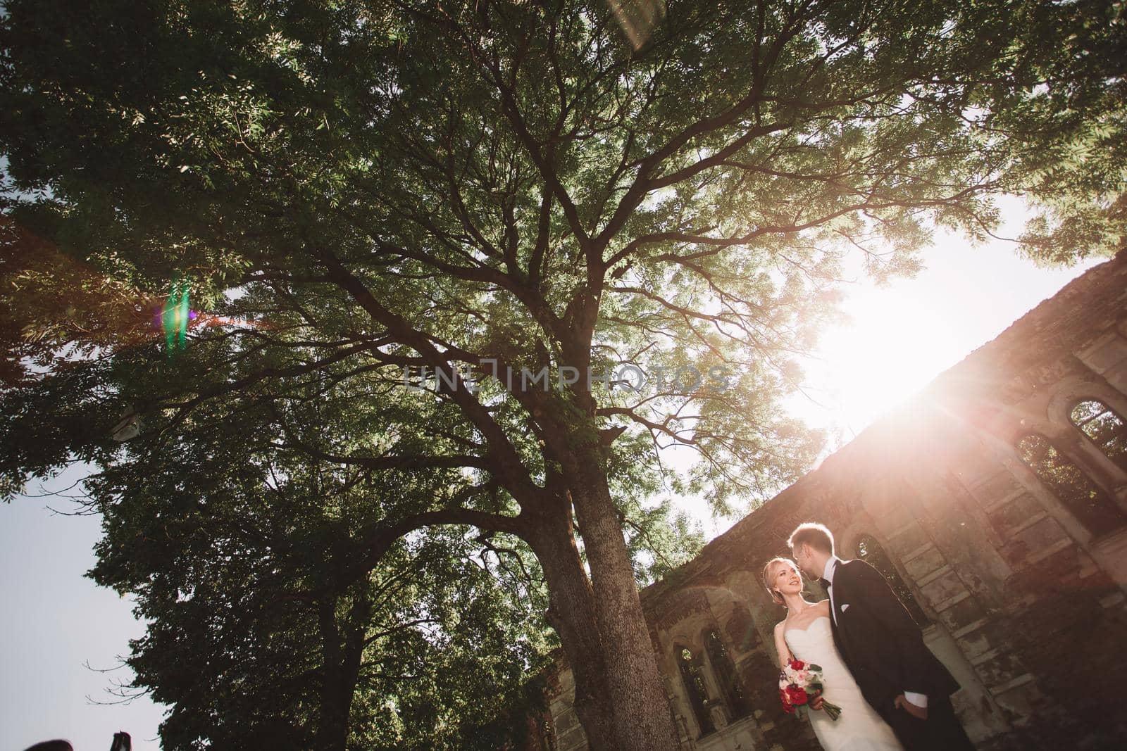 beautiful couple of newlyweds standing near an abandoned estate . bride and groom