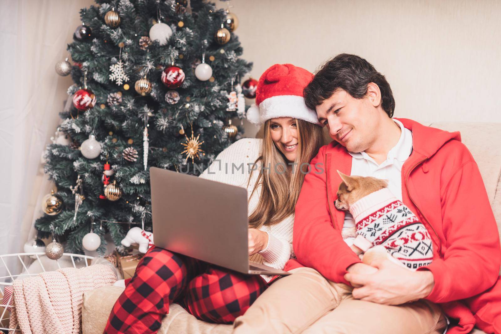 Portrait of lovely couple husband and wife with laptop in red Santa hat having a video call chat with puppy dog in sweater, enjoy Christmas time at home. Online greeting. by Ostanina