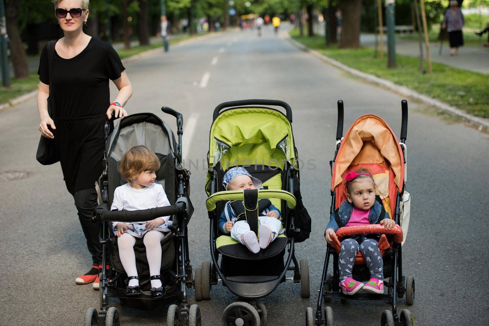 beautiful babies sitting in a stroller in the park