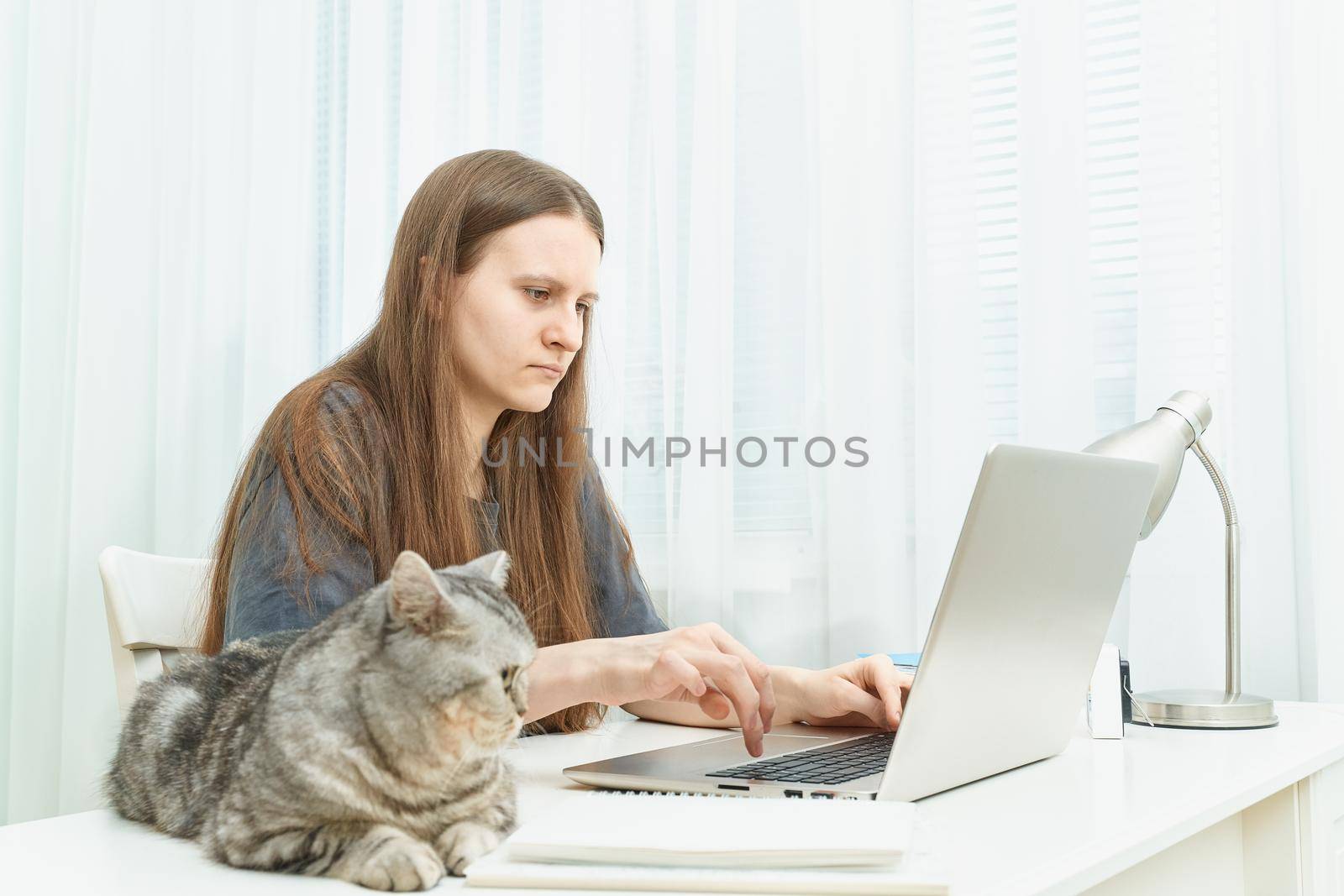 Distance education for students. Quarantine, self-isolation, sociophobia. Young girl listens to online learning, teleworking, online lectures.Woman look at laptop. Freelancer, Digital Nomad Concept