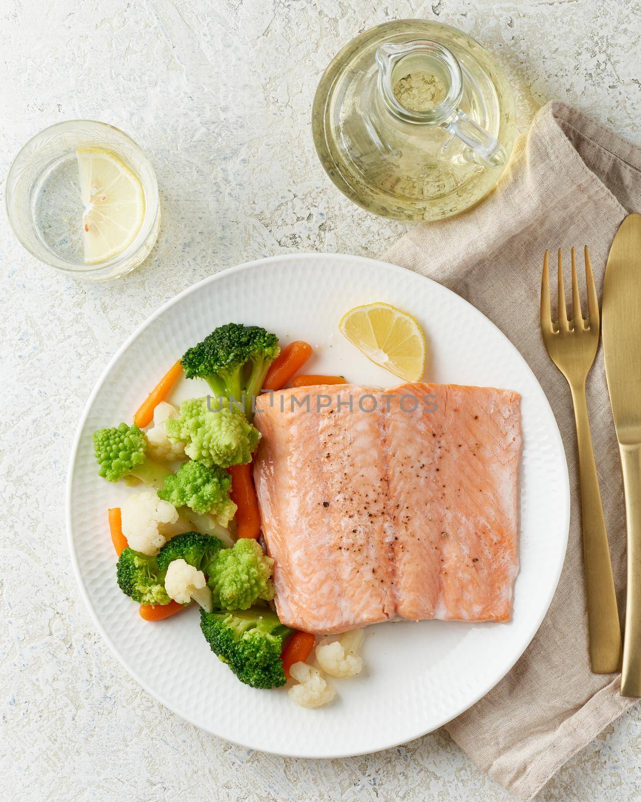 Steam salmon and vegetables, Paleo, keto, fodmap, dash diet. Mediterranean diet with steamed fish by NataBene