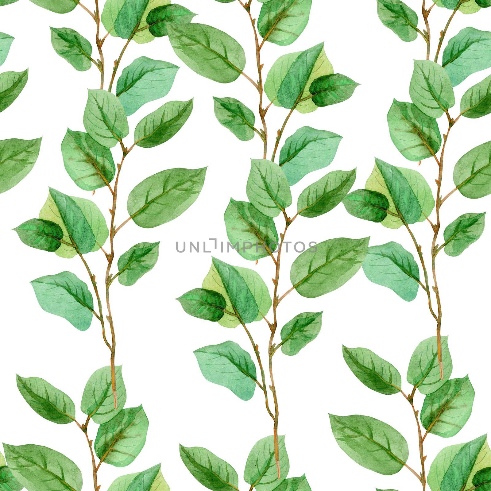 Floral leaves seamless pattern green color on a white background. by NataOmsk