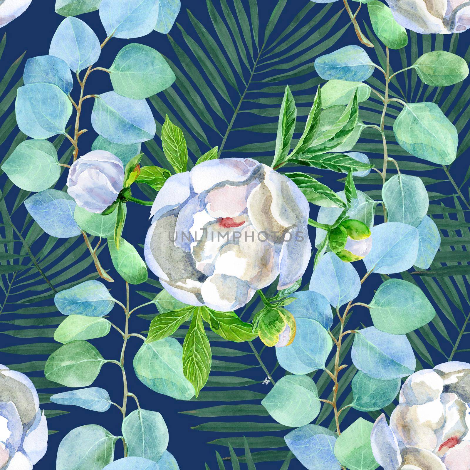 Floral seamless pattern with eucalyptus and peonies on a navy blue background. by NataOmsk