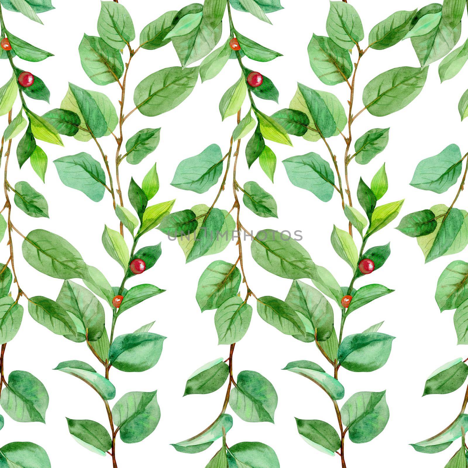 Floral leaves seamless pattern green color on a white background. Artistic design for floral print for packaging, textile, wallpaper, gift wrap, greeting or wedding background.