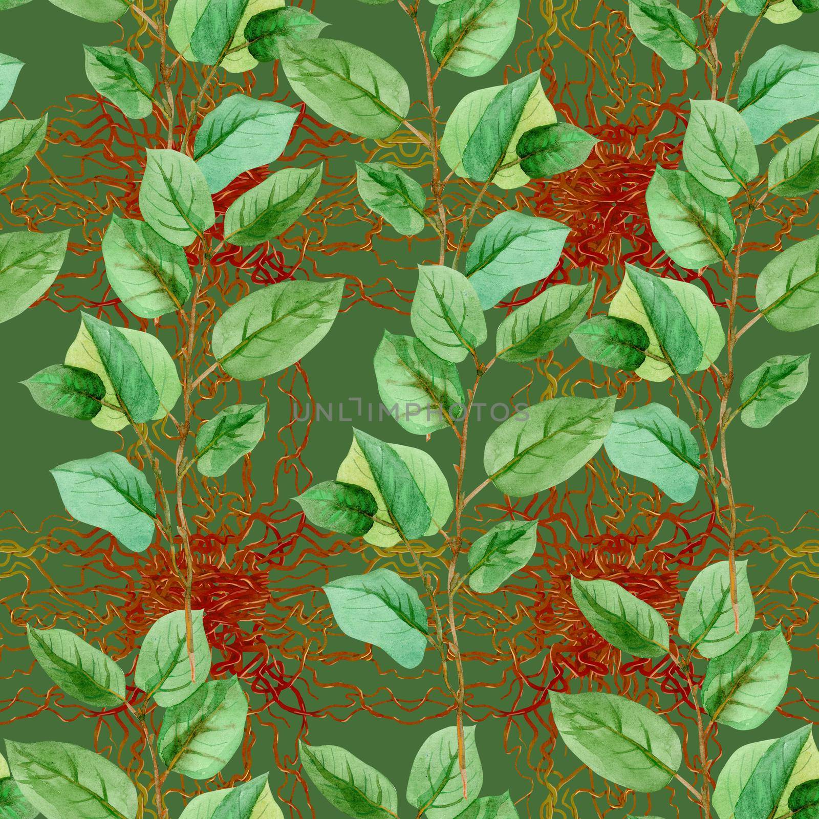 Floral leaves seamless pattern green color on a green background. by NataOmsk