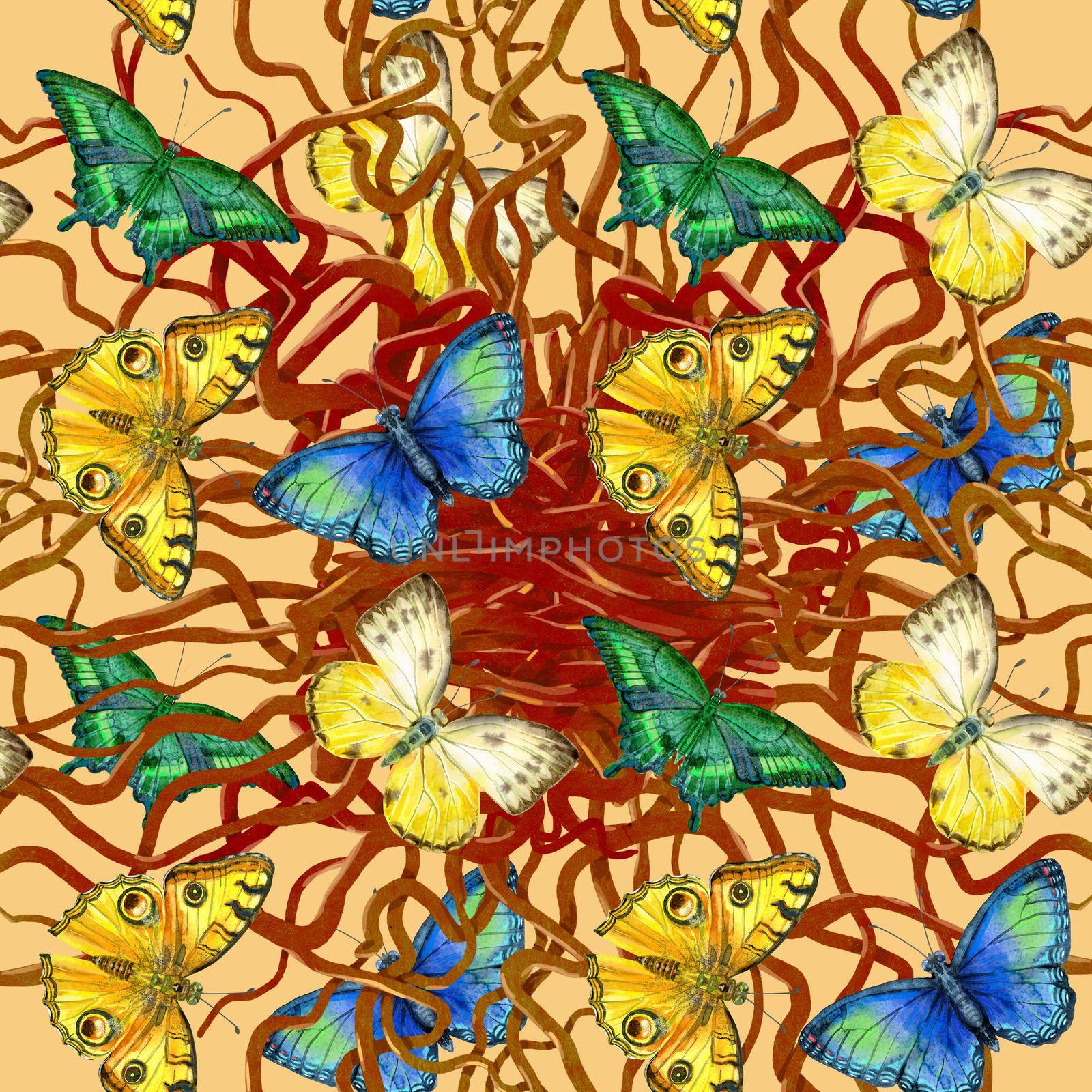 Floral leaves seamless pattern with colorful butterflies on yellow background. Artistic design for floral print for packaging, textile, wallpaper, gift wrap, greeting or wedding background.